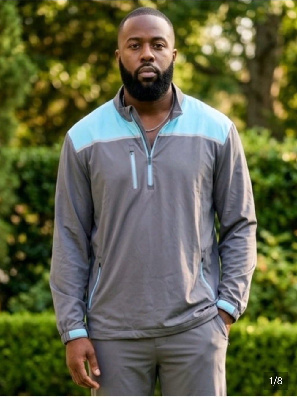 Men's Above The Links Gray and Light Blue Performance Quarter-Zip Pullover M